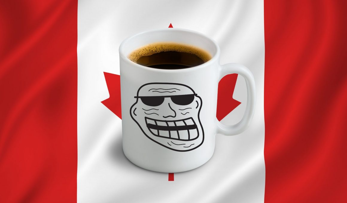 canadian flag with a coffee cup and trolling graphic overlayed