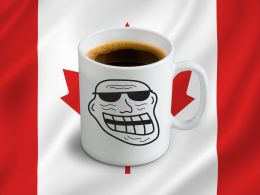canadian flag with a coffee cup and trolling graphic overlayed