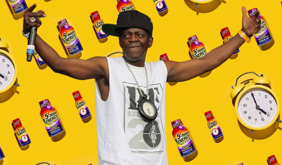 a yellow background with bottles of 1-hour energy and clocks, with an image of Flavor Flav overlaid