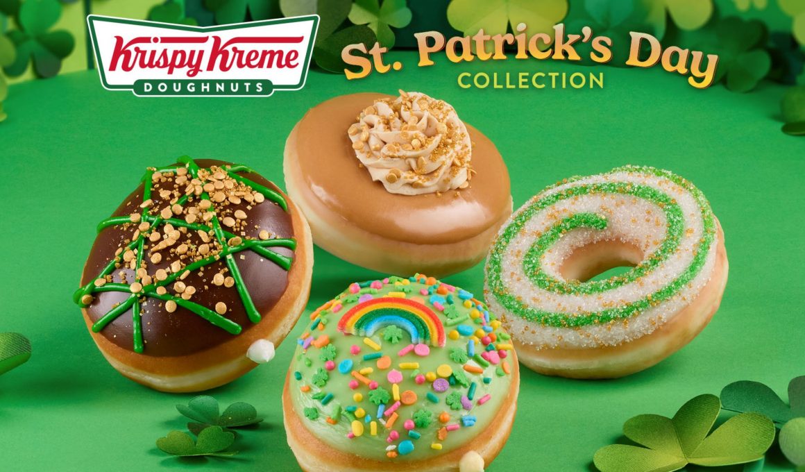 the four new krispy kreme donuts on a green background