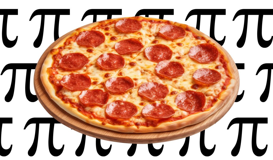 a pepperoni pizza on a background of the pi symbol