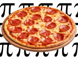 a pepperoni pizza on a background of the pi symbol