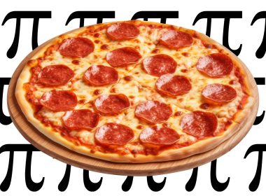 a pepperoni pizza on a background of the pi symbol