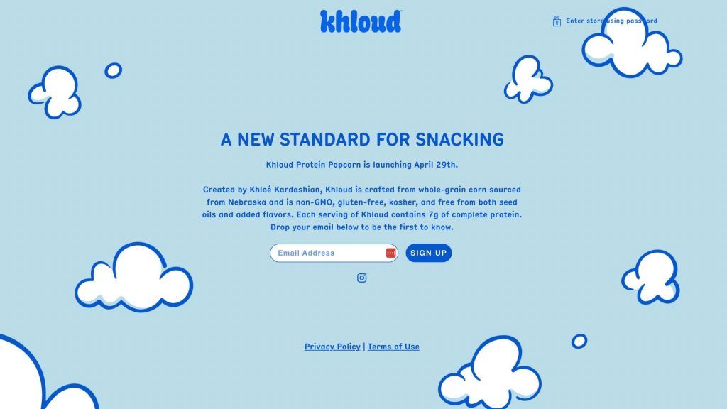 a screen capture of the website for Khloud Protein Popcorn on April 24, 2025.